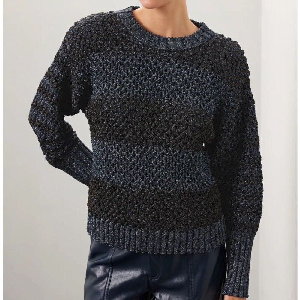 ESTEBAN CORTAZAR Sweater Womens XS Glitter Stripe Crewneck Pullover Blue